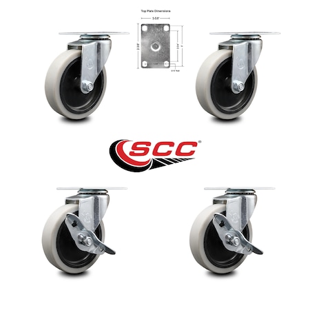 Service Caster 4 Inch Thermoplastic Wheel Top Plate Caster Set with 2 Brakes SCC-05S410-TPRS-2-SLB-2